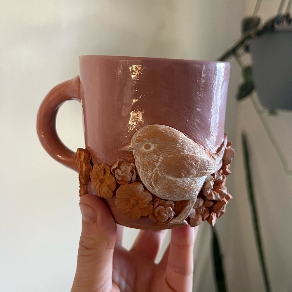 Pink Ceramic Mug with Bird and Floral Design Handmade